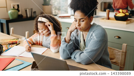 Mother, laptop and child homework or tired as multitasking parent for remote work, education or burnout. Female person, daughter and project deadline in apartment for youth, stressed or exhausted Mother, laptop and child homework or tired as multitasking parent for remote work, education or burnout. Female person, daughter and project deadline in apartment for youth, stressed or exhausted 143398089