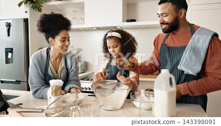 Family, child and baking in kitchen or house, cooking and learning together with parents in apartment or culinary. Food, treat and girl preparation and sifting flour, love and childhood development Family, child and baking in kitchen or house, cooking and learning together with parents in apartment or culinary. Food, treat and girl preparation and sifting flour, love and childhood development 143398091