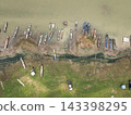 Aerial View of Reservoir Shoreline with Small Boats and Exposed Floodplain 143398295