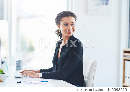Businesswoman, desk and typing in office on computer, research and online work report or email. Technology, pc and internet search for creative person, digital agency and journalist for project Businesswoman, desk and typing in office on computer, research and online work report or email. Technology, pc and internet search for creative person, digital agency and journalist for project 143398313