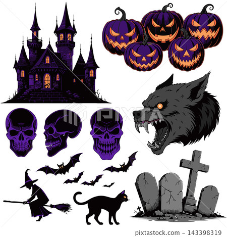 The image shows a set of purple and dark-themed Halloween vector illustrations and graphic elements The image shows a set of purple and dark-themed Halloween vector illustrations and graphic elements 143398319