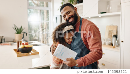 Kitchen, father and girl with card, hug and gift for fathers day, love and care in family and house. Home, dad and daughter with embrace, happiness and cute in apartment, man or child with present Kitchen, father and girl with card, hug and gift for fathers day, love and care in family and house. Home, dad and daughter with embrace, happiness and cute in apartment, man or child with present 143398321