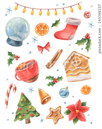 Watercolor Christmas and New Year elements with tree, stocking, ornaments and treats. Hand painted holiday sticker collection. Festive clipart for seasonal greeting cards and crafts. Watercolor Christmas and New Year elements with tree, stocking, ornaments and treats. Hand painted holiday sticker collection. Festive clipart for seasonal greeting cards and crafts. 143398337