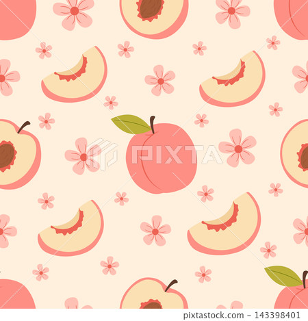 Handdrawn peach and blossom seamless pattern with ripe fruit slices Handdrawn peach and blossom seamless pattern with ripe fruit slices 143398401