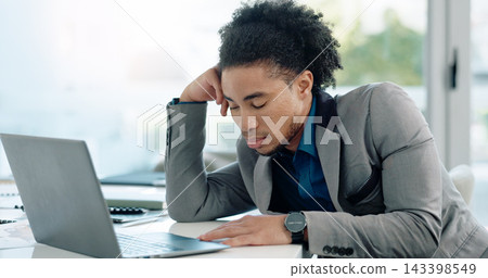 Tired, sleeping and business man on laptop with deadline, report and bad time management at office desk. Exhausted African worker, employee or lawyer with burnout, sleepy and stress on his computer 143398549
