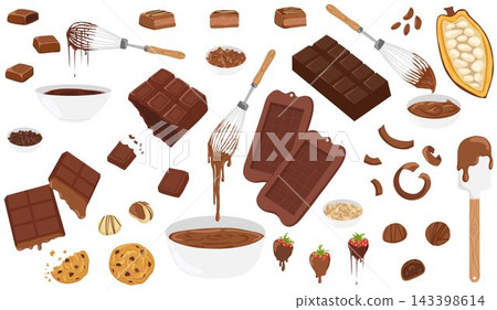 Chocolate set with bars, pralines, cookies, strawberries, cocoa beans, bowls and kitchen tools. Vector hand drawn illustration for packaging, confectionery branding, sweet recipes, stickers, print Chocolate set with bars, pralines, cookies, strawberries, cocoa beans, bowls and kitchen tools. Vector hand drawn illustration for packaging, confectionery branding, sweet recipes, stickers, print 143398614