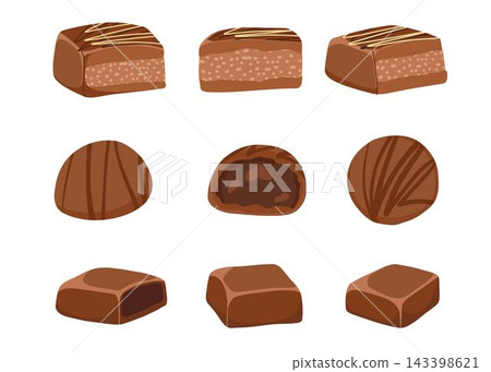 Chocolate candies set. Homemade dessert with milk and dark chocolate and nuts. Vector hand drawn illustration for packaging, confectionery branding, sweet recipes, stickers, print Chocolate candies set. Homemade dessert with milk and dark chocolate and nuts. Vector hand drawn illustration for packaging, confectionery branding, sweet recipes, stickers, print 143398621