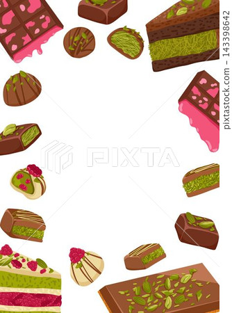 Chocolate dessert vertical frame with sweet candies, pistachio cake, bars on white background. Vector hand drawn cartoon illustration for packaging design, menu, flyers, invitations with copy space Chocolate dessert vertical frame with sweet candies, pistachio cake, bars on white background. Vector hand drawn cartoon illustration for packaging design, menu, flyers, invitations with copy space 143398642