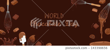 World chocolate day horizontal banner frame with chocolate bars and melting chocolate on dark background. Vector hand drawn cartoon illustration for packaging design, menu, web with copy space World chocolate day horizontal banner frame with chocolate bars and melting chocolate on dark background. Vector hand drawn cartoon illustration for packaging design, menu, web with copy space 143398656
