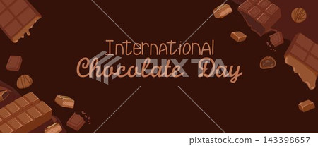 Chocolate day horizontal banner frame with chocolate bars and sweet candies on dark background. Vector hand drawn cartoon illustration for packaging design, menu, web with copy space Chocolate day horizontal banner frame with chocolate bars and sweet candies on dark background. Vector hand drawn cartoon illustration for packaging design, menu, web with copy space 143398657