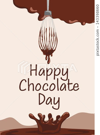 Minimal chocolate poster with dripping glaze, drops and whisk. Vector illustration with Happy Chocolate Day text for sweet celebration design 143398660