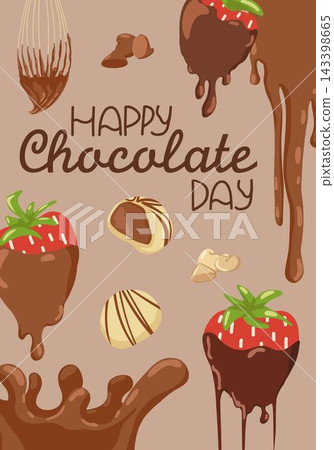 Happy Chocolate Day poster with dripping glaze, drops, whisk and strawberries covered in chocolate. Vector hand drawn vertical illustration for sweet dessert holiday design, celebration flyer Happy Chocolate Day poster with dripping glaze, drops, whisk and strawberries covered in chocolate. Vector hand drawn vertical illustration for sweet dessert holiday design, celebration flyer 143398665