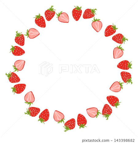 Strawberries round frame on white background. Vector sweet berry dessert hand drawn illustration for packaging design, labels, menu, branding 143398682