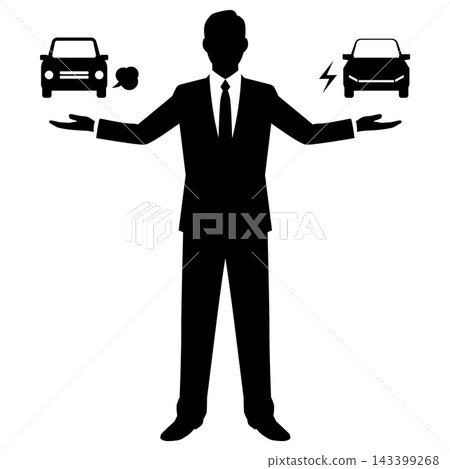 一位男商人正在比較汽油車和電動車。 一位男商人正在比較汽油車和電動車。 143399268