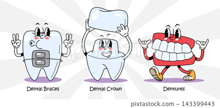 Dental braces, Dental crown and dentures retro 1930s style rubber hose cartoon characters set. Vector illustration. Dental braces, Dental crown and dentures retro 1930s style rubber hose cartoon characters set. Vector illustration. 143399443