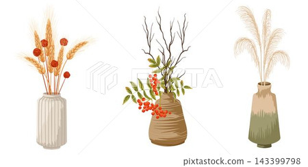 Autumn set with ceramic vases filled with wheat, branches, berries, dry grass isolated on white background. Vector hand drawn illustration for home decor, seasonal design, packaging decoration Autumn set with ceramic vases filled with wheat, branches, berries, dry grass isolated on white background. Vector hand drawn illustration for home decor, seasonal design, packaging decoration 143399798