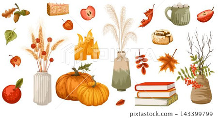 Cozy autumn set with vases of dried flowers, pumpkins, cinnamon roll, latte, candles, books, apples, leaves on white background. Vector hand drawn illustration for design, packaging, stickers, decor Cozy autumn set with vases of dried flowers, pumpkins, cinnamon roll, latte, candles, books, apples, leaves on white background. Vector hand drawn illustration for design, packaging, stickers, decor 143399799