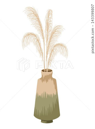 Autumn hygge ceramic vase with dry grass branches isolated on white background. Vector hand drawn illustration for home decor, seasonal design, packaging decoration Autumn hygge ceramic vase with dry grass branches isolated on white background. Vector hand drawn illustration for home decor, seasonal design, packaging decoration 143399807