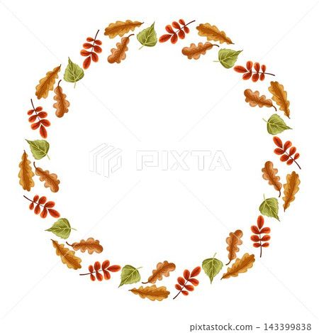 Round autumn frame with colorful leaves on white background. Vector hand drawn illustration for thanksgiving cards, packaging, posters, decoration design with empty copy space Round autumn frame with colorful leaves on white background. Vector hand drawn illustration for thanksgiving cards, packaging, posters, decoration design with empty copy space 143399838