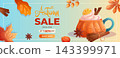 Autumn sale banner with cozy pumpkin spice drink, cinnamon, leaves, handwritten text. Cartoon horizontal vector illustration, warm blue and orange palette. Perfect for social media, web, promo, poster 143399971