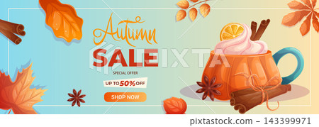Autumn sale banner with cozy pumpkin spice drink, cinnamon, leaves, handwritten text. Cartoon horizontal vector illustration, warm blue and orange palette. Perfect for social media, web, promo, poster Autumn sale banner with cozy pumpkin spice drink, cinnamon, leaves, handwritten text. Cartoon horizontal vector illustration, warm blue and orange palette. Perfect for social media, web, promo, poster 143399971
