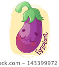 Cute hand-drawn eggplant mascot in kawaii cartoon style. Purple vegetable with outline, blush and text. Vector illustration for kids poster, vegan menu, sticker, web design 143399972