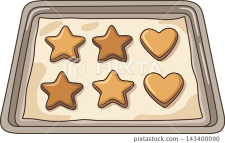 Freshly Baked Star and Heart Shaped Cookies on Baking Sheet Illustration, Homemade Bakery Pan Freshly Baked Star and Heart Shaped Cookies on Baking Sheet Illustration, Homemade Bakery Pan 143400090