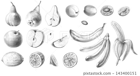 Pencil-style fruit illustration set. Detailed artwork for restaurants, food blogs, food brands, farms, grocery stores, produce stalls, juice bars, children's menus, bakeries, vegan cafes, packaging. 143400151
