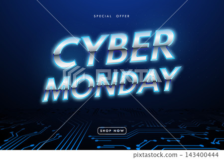 Bold neon text highlights Cyber Monday with tech-inspired background. Bold neon text highlights Cyber Monday with tech-inspired background. 143400444