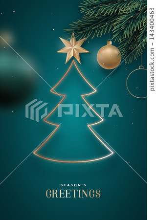 Elegant Christmas tree outline in gold, adorned with ornaments, festive atmosphere Elegant Christmas tree outline in gold, adorned with ornaments, festive atmosphere 143400463