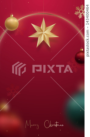 Golden star shines above colorful ornaments on rich red backdrop, festive spirit Golden star shines above colorful ornaments on rich red backdrop, festive spirit 143400464