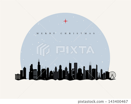 Chicago skyline with falling snow in a pale blue circle Chicago skyline with falling snow in a pale blue circle 143400467
