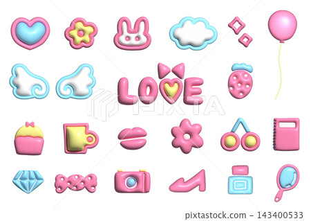A set of three-dimensional sticker-style illustrations with a girly feel. A set of three-dimensional sticker-style illustrations with a girly feel. 143400533
