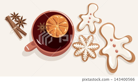 Flat lay Christmas mulled wine mug with gingerbread man cookie and cinnamon vector illustration. Cozy winter holiday sweets food banner background 143400566