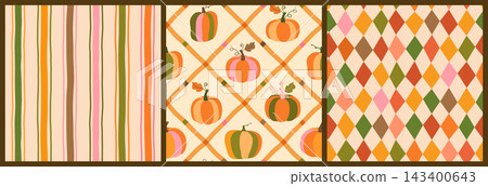 Autumn pumpkins, stripes and harlequin seamless vector pattern set, Cute colorful fall backgrounds for Thanksgiving decor and fabric design 143400643