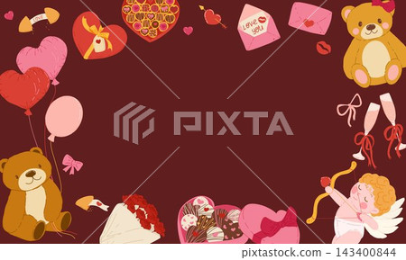 Valentine Day horizontal banner with teddy bears, chocolates, balloons, bows, roses, envelopes and cupid around empty center frame. Vector illustration for cards, posters, packaging, invitations 143400844