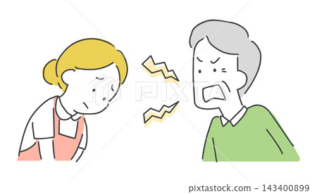 An illustration of a middle-aged man yelling at a store clerk. An illustration of a middle-aged man yelling at a store clerk. 143400899