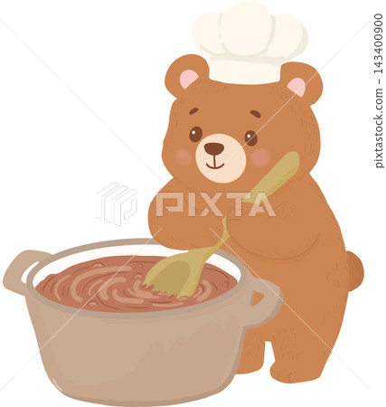 Cute cartoon bear wearing a chef hat and stirring a pot of warm homemade soup with a wooden spoon. Cute cartoon bear wearing a chef hat and stirring a pot of warm homemade soup with a wooden spoon. 143400900