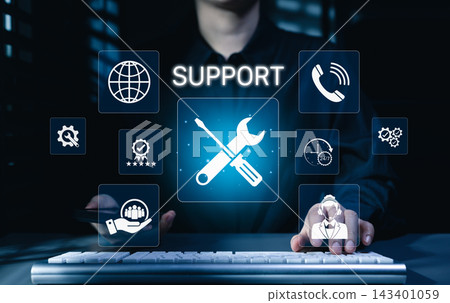 Technical support and customer service concept. Professional using computer with support icons represents technical assistance, customer service, 24/7 help solution in business. Call center, help desk Technical support and customer service concept. Professional using computer with support icons represents technical assistance, customer service, 24/7 help solution in business. Call center, help desk 143401059