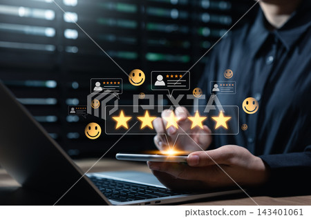 Customer Satisfaction and Five Star Review Concept. Woman using smartphone with ratings icon, review card and smile symbols representing positive feedback, service quality, trusted customer experience Customer Satisfaction and Five Star Review Concept. Woman using smartphone with ratings icon, review card and smile symbols representing positive feedback, service quality, trusted customer experience 143401061