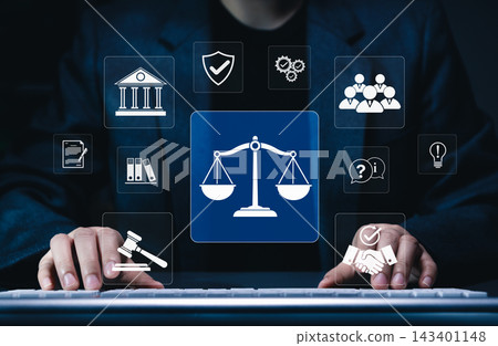 Law Concept. Legal professional or lawyer working at law firm office with icons symbolizing AI law, justice, legal services. Business legislation, notary public, legal advice online, litigation court Law Concept. Legal professional or lawyer working at law firm office with icons symbolizing AI law, justice, legal services. Business legislation, notary public, legal advice online, litigation court 143401148