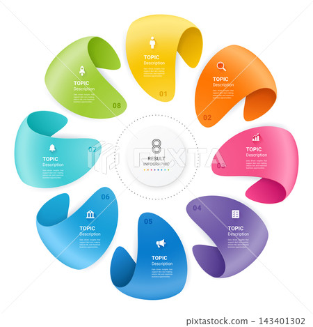 Modern 3D Circular Steps Ribbon Infographic Template for Business Result Concept Colorful Folded Ribbon Shapes Clean Vector Background. Modern 3D Circular Steps Ribbon Infographic Template for Business Result Concept Colorful Folded Ribbon Shapes Clean Vector Background. 143401302