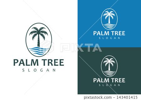 Palm Tree and Ocean Waves Logo Minimalist Beach Resort Emblem Vector Palm Tree and Ocean Waves Logo Minimalist Beach Resort Emblem Vector 143401415
