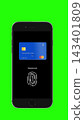 Vertical video. 3d render animation payment by bank card on smartphone pos terminal. Payment terminal money transaction green screen background. 143401809