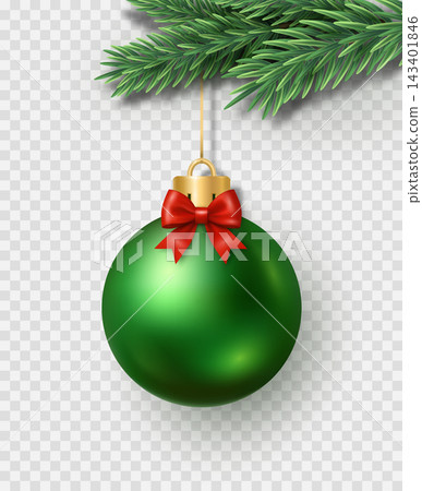 Green Christmas ornament with a red bow hanging on a fir branch on a transparent background. Green Christmas ornament with a red bow hanging on a fir branch on a transparent background. 143401846