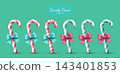Candy canes with ribbon bows in pink and teal on a teal background with text. 143401853