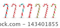 Classic red and white striped candy canes with green and blue accents on a white background. 143401855
