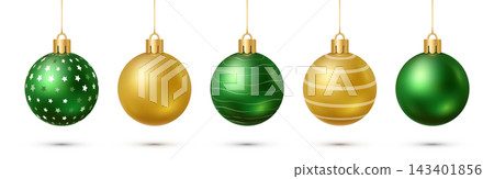 Set of five Christmas ornaments with star, wave, and stripe patterns hanging on strings on a white background. 143401856
