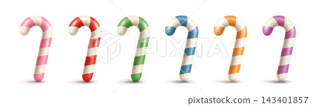 Colorful glossy candy canes in pink, green, blue, orange and purple on a white background. Colorful glossy candy canes in pink, green, blue, orange and purple on a white background. 143401857