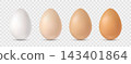 Set of four chicken eggs in white, beige, light brown, and brown colors on a transparent background. 143401864